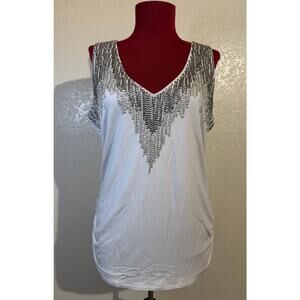 XOXO Women White Silver Beaded Tank Top Camisole V Neck Sleeveless XL